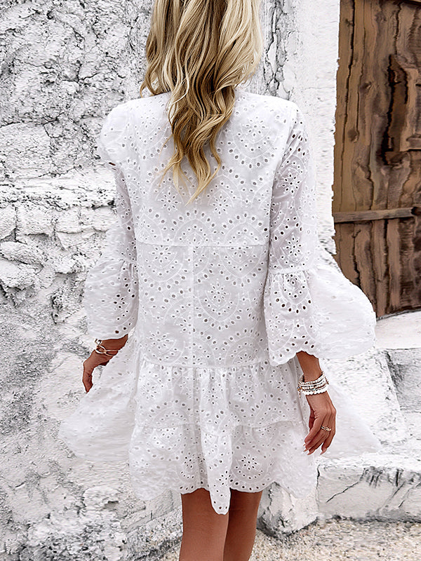 Hollow Pleated Solid Color Split-Joint Flared Sleeves Long Sleeves V-Neck Mini Dresses