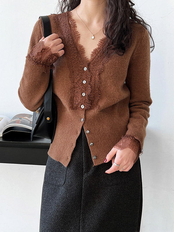 Buttoned Split-Joint Long Sleeves V-Neck Cardigan Tops