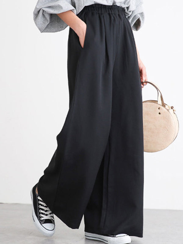 Elasticity Solid Color Split-Joint Wide Side High Waisted Wide Leg Trousers Pants