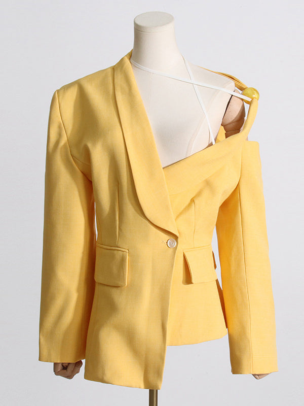 Asymmetric Buttoned Hollow Solid Color Tied Long Sleeves Loose Asymmetric Collar Blazer
