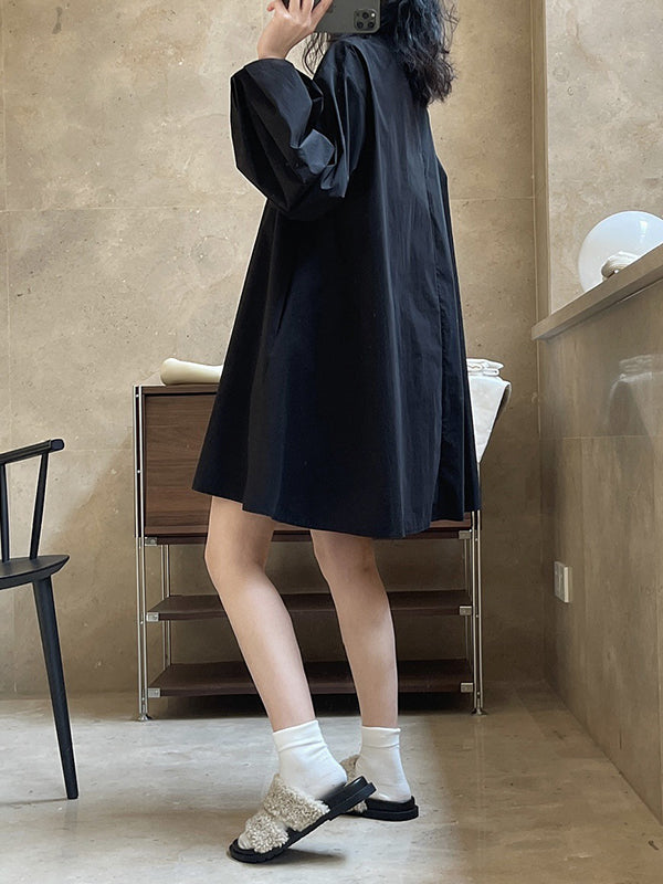 Urban Puff Sleeves Solid Color Round-Neck Mini Dress