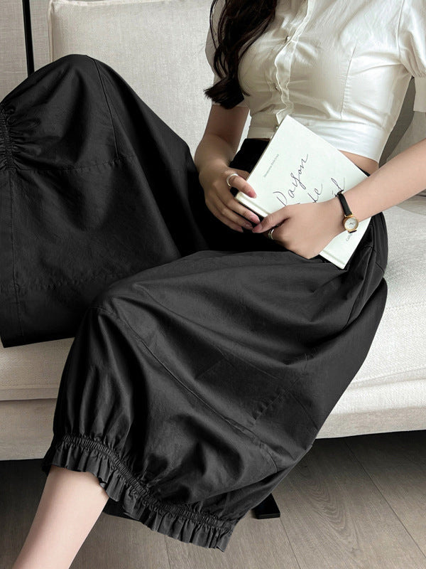 Elasticity Solid Color Split-Joint High Waisted Loose Trousers Pants Ninth Pants Knickerbockers