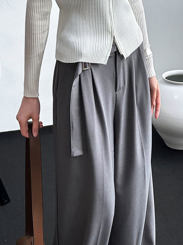 Belt Buckle Solid Color High Waisted Loose Trousers Suit Pants