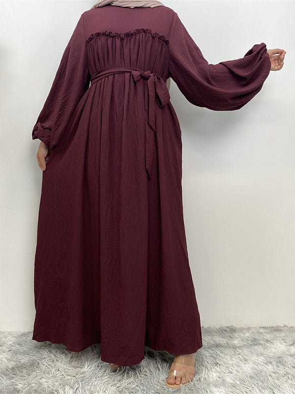 Elasticity Muslim Pleated Solid Color Split-Joint Tied Waist Bishop Sleeve Long Sleeves Round-Neck Maxi Dresses
