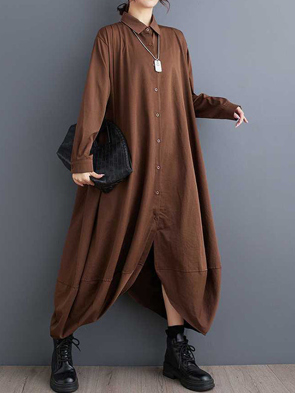 Buttoned Pockets Solid Color Split-Joint A-Line Long Sleeves Lapel Shirt Dress Midi Dresses