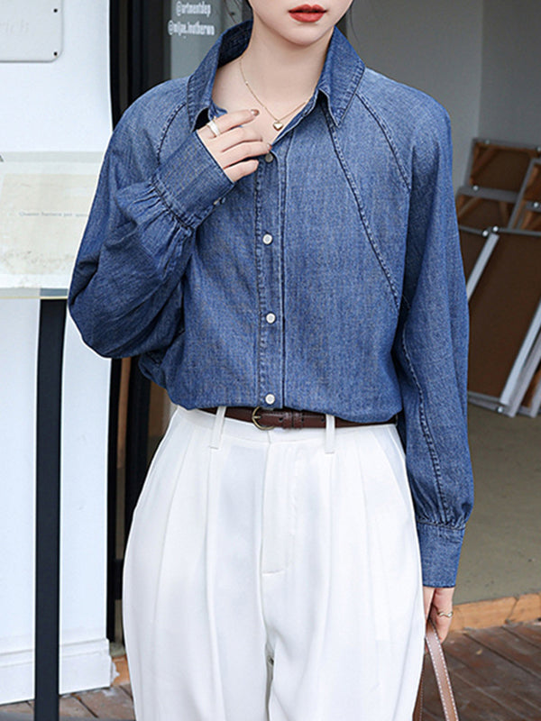 Buttoned Pleated Split-Joint Long Sleeves Loose Lapel Blouses&Shirts Tops