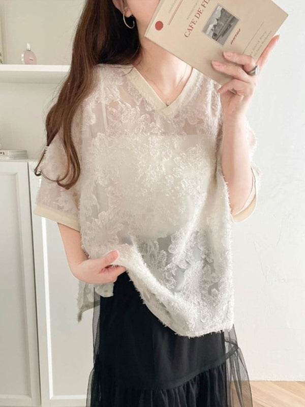 Mesh Solid Color Split-Side Half Sleeves Loose V-Neck Blouses&Shirts Tops
