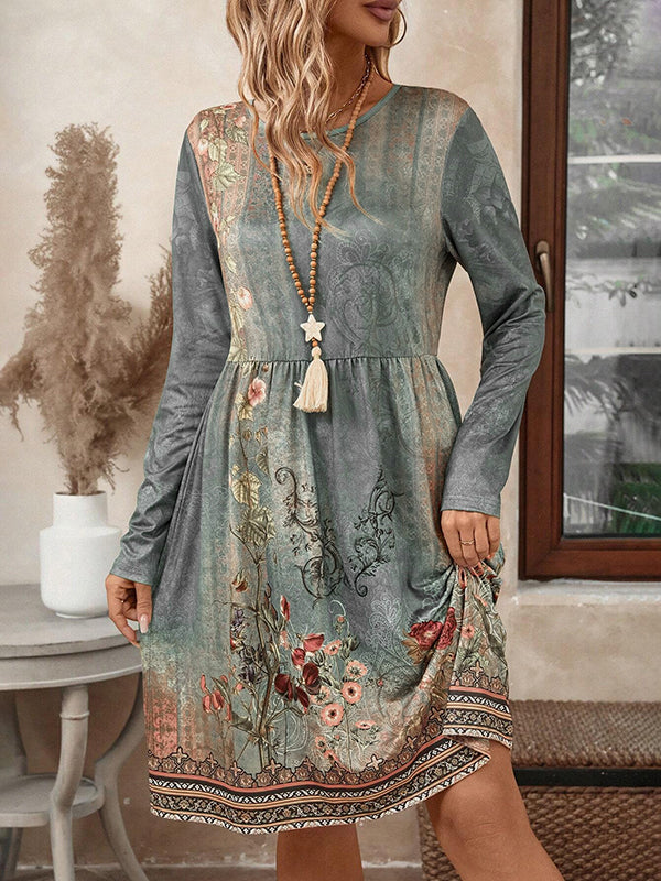 Flower Print Pleated Split-Joint A-line Long Sleeves Round-neck Mini Dresses