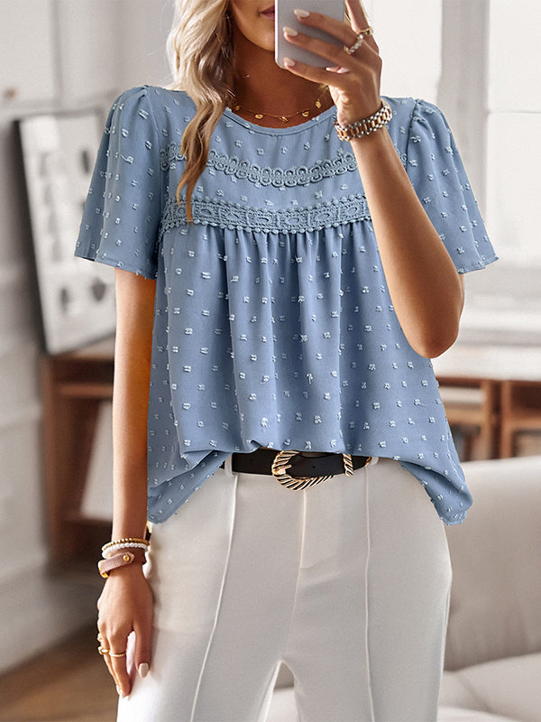 Hollow Jacquard Pleated Solid Color Split-Joint Loose Short Sleeves Round-Neck T-Shirts Tops