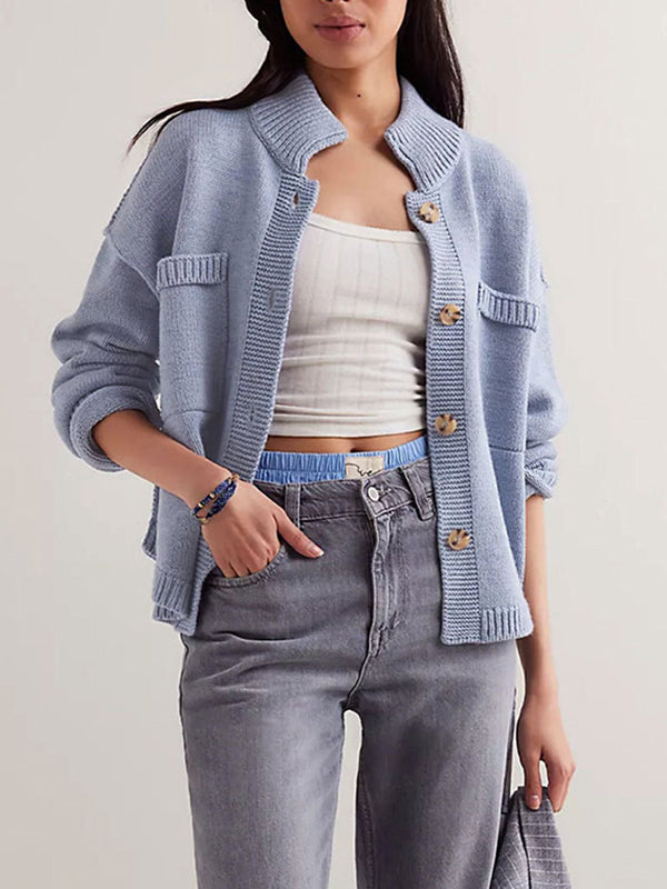 Buttoned Pockets Solid Color Split-Joint Long Sleeves Loose Stand Collar Cardigan Tops