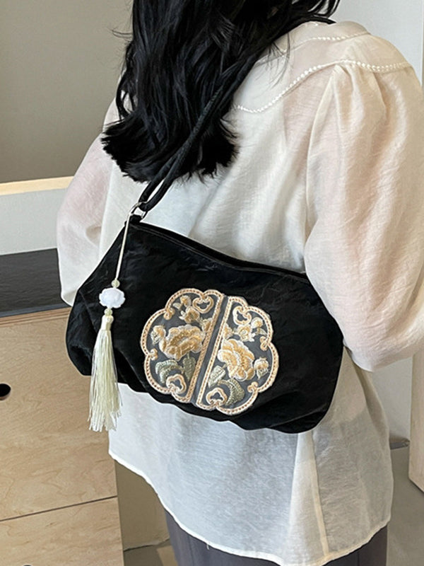 Embroidered Pleated Tasseled Zipper Crossbody Bags