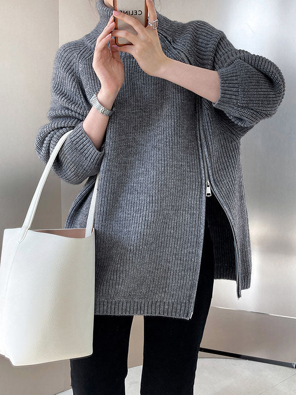 Urban Loose Long Sleeves Split-Side Solid Color Zipper Halter-Neck Sweater Tops