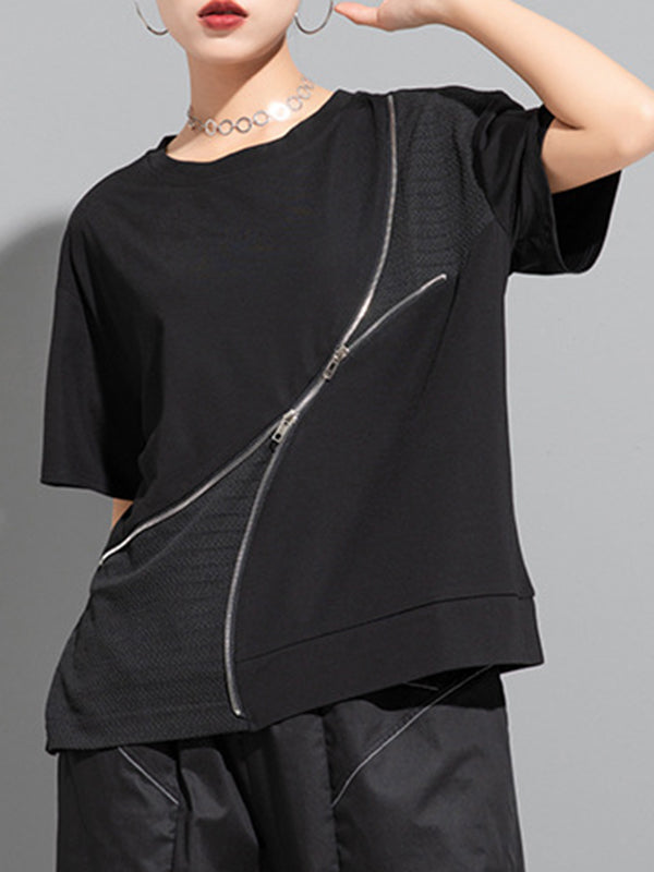 Asymmetric Split-Joint Zipper Loose Short Sleeves Round-neck T-Shirts Tops