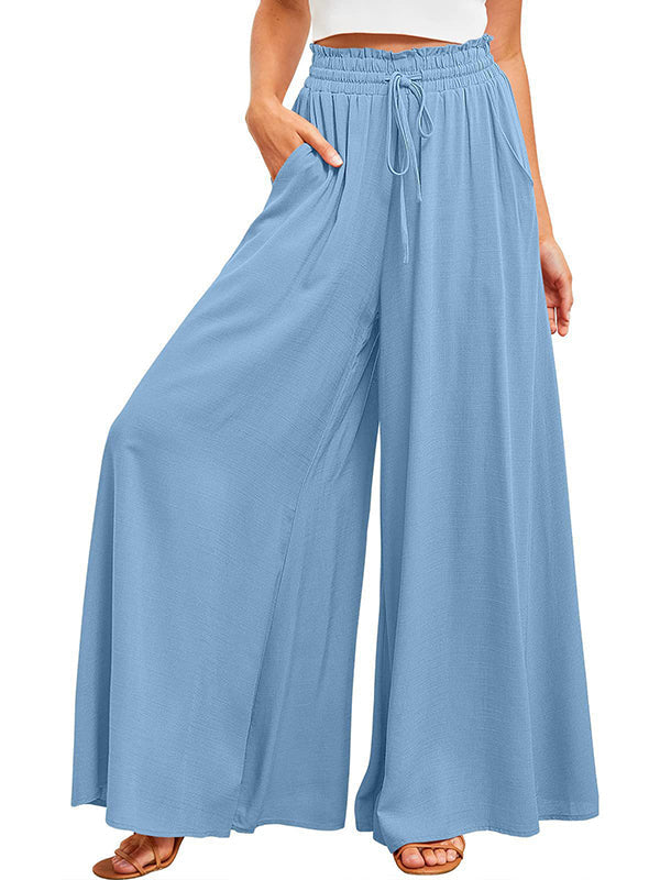 Drawstring Elasticity Pleated Pockets Solid Color High Waisted Loose Trousers Pants