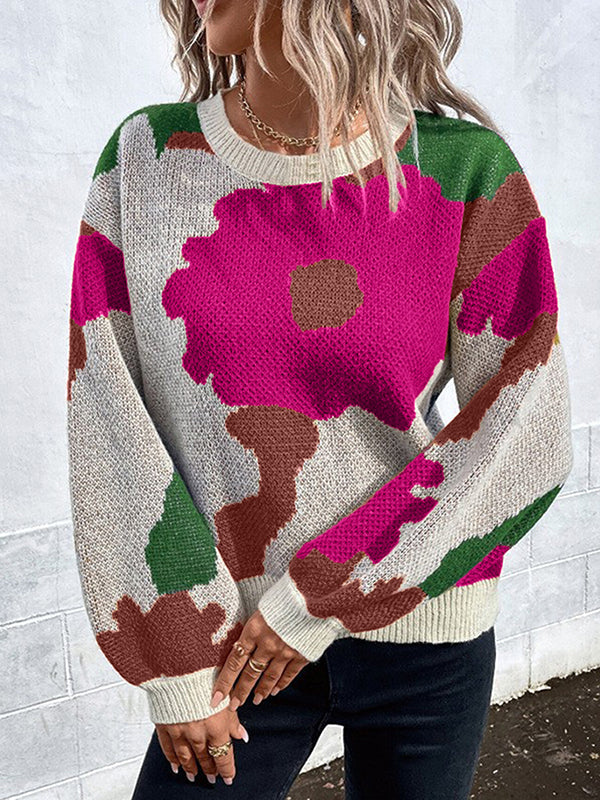Asymmetric Knitted Flower Split-Joint Loose Puff Sleeves Round-Neck Sweater Tops