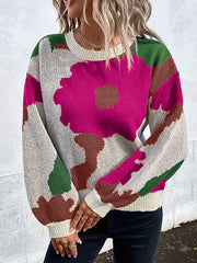 Asymmetric Knitted Flower Split-Joint Loose Puff Sleeves Round-Neck Sweater Tops