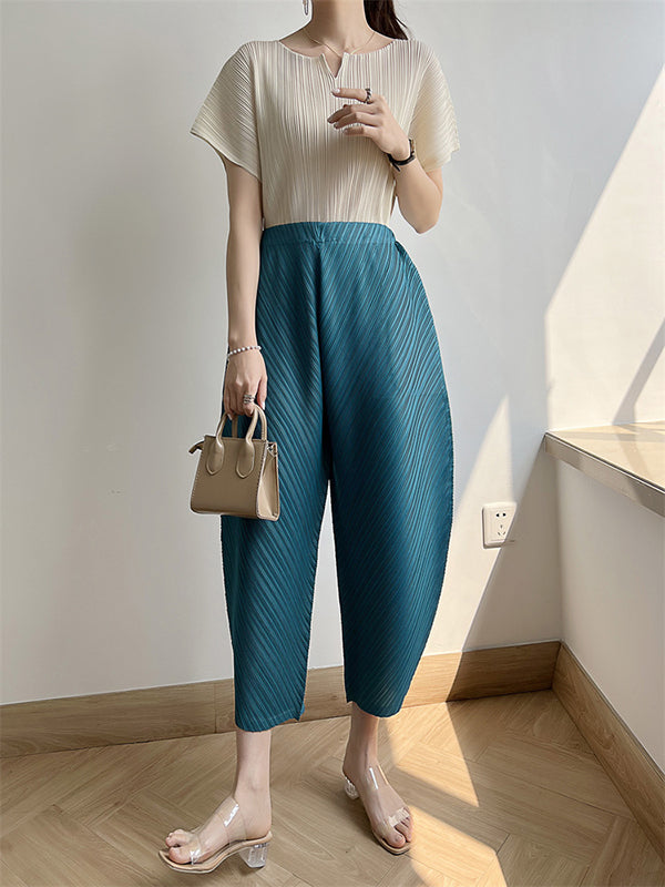 Elasticity Pleated Solid Color Split-Joint Harem Pants High Waisted Trousers Pants Ninth Pants
