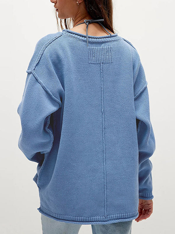 Solid Color Split-Joint Long Sleeves Loose Round-neck Sweater Tops