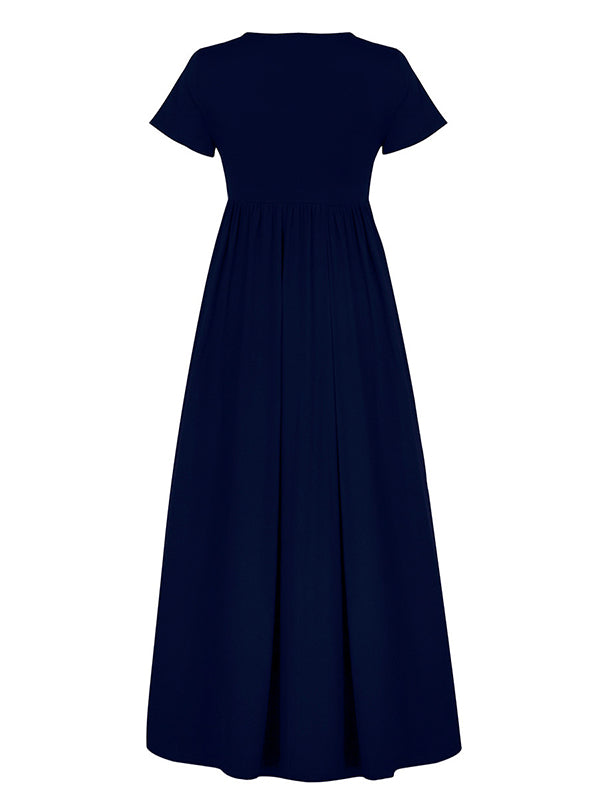 Pleated Pockets Solid Color Split-Joint High Waisted Short Sleeves Round-Neck Maxi Dresses