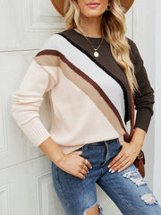 Contrast Color Striped Long Sleeves Round-Neck Sweater Tops Pullovers