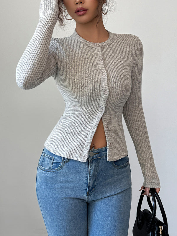 Buttoned Solid Color Long Sleeves Skinny Round-Neck Cardigan Tops