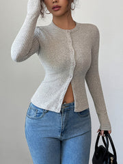 Buttoned Solid Color Long Sleeves Skinny Round-Neck Cardigan Tops