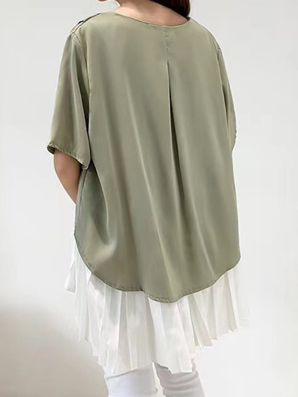 Pleated Split-Joint High-Low Loose Round-Neck T-Shirts Tops