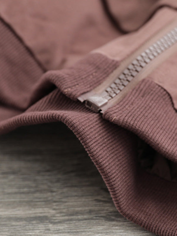 Artistic Retro Loose Long Sleeves Solid Color Zipper Hooded Outerwear