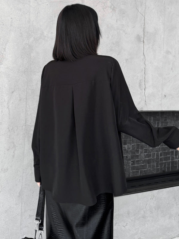 Buttoned Falbala Ruffled Solid Color Split-Joint Hipster Long Sleeves Lapel Blouses&shirts Tops