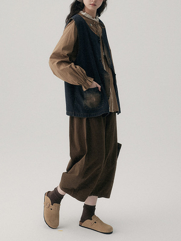 Elasticity Solid Color Split-Joint Harem Pants High Waisted Trousers Pants Ninth Pants