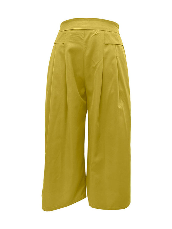 Pleated Pockets Solid Color Split-Joint Flared Pants High Waisted Trousers Ninth Pants