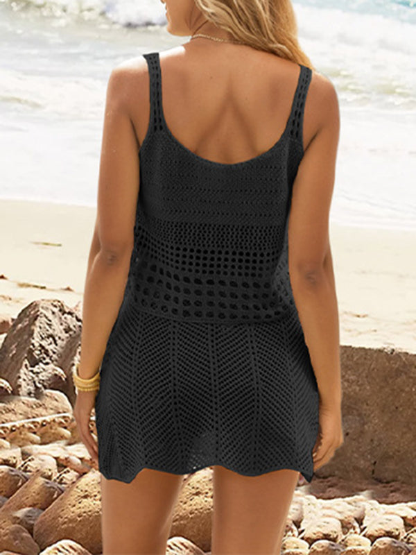 Solid Color Round-Neck Loose Sleeveless Drawstring Hollow See-Through Vest Top + Skirts Bottom Two Pieces Set