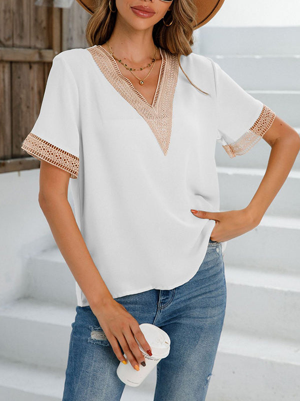 Hollow Split-Joint Loose Short Sleeves V-Neck T-Shirts