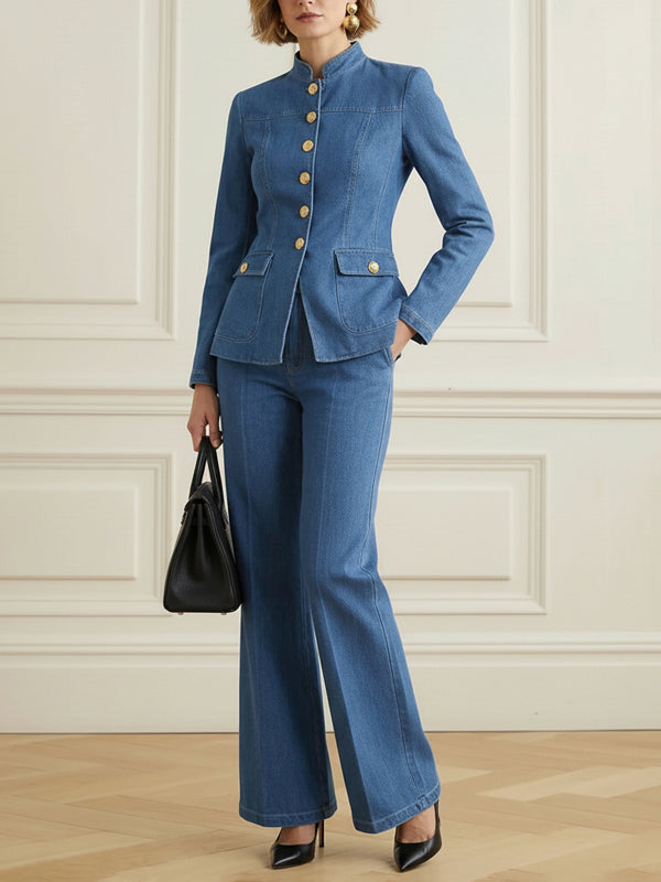 Buttoned Pockets Solid Color Long Sleeves Stand Collar Outerwear