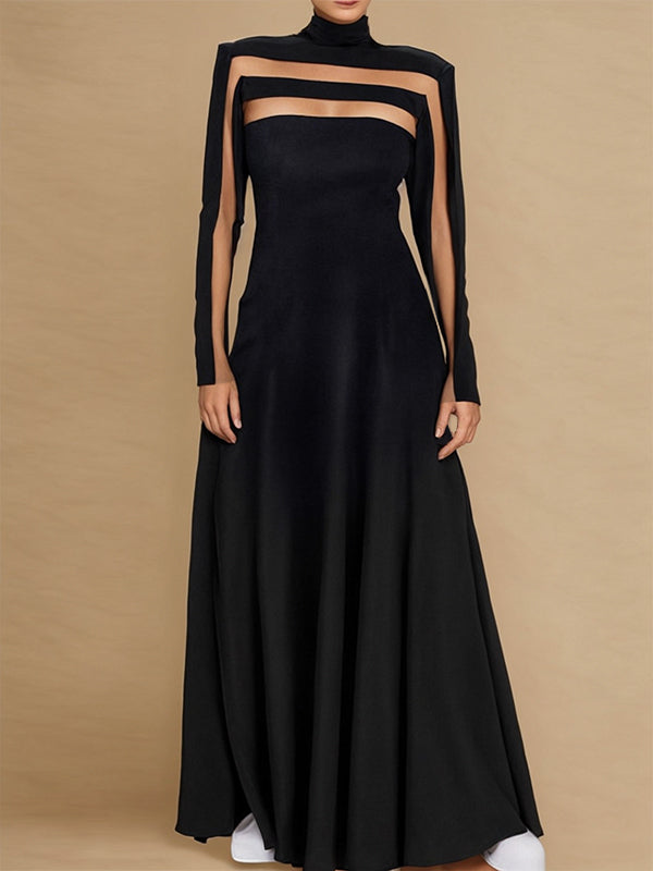 Mesh Solid Color Split-Joint A-Line Long Sleeves High Neck Maxi Dresses