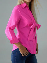 Long Sleeves Bow-Embellished Buttoned Solid Color Lapel Blouses&Shirts Tops
