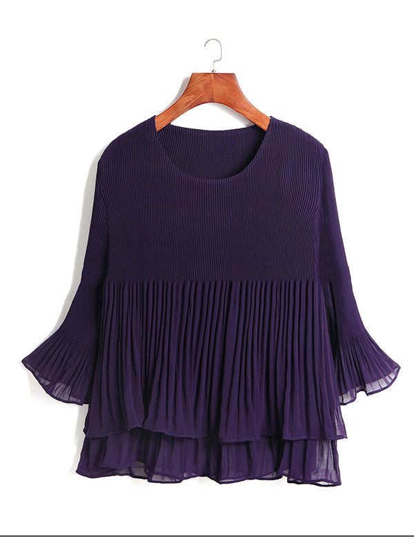 Original Loose Solid Color Pleated Falbala T-Shirt Top