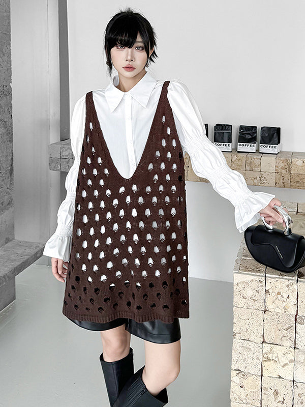Hollow Solid Color Loose Sleeveless V-Neck Vest Top
