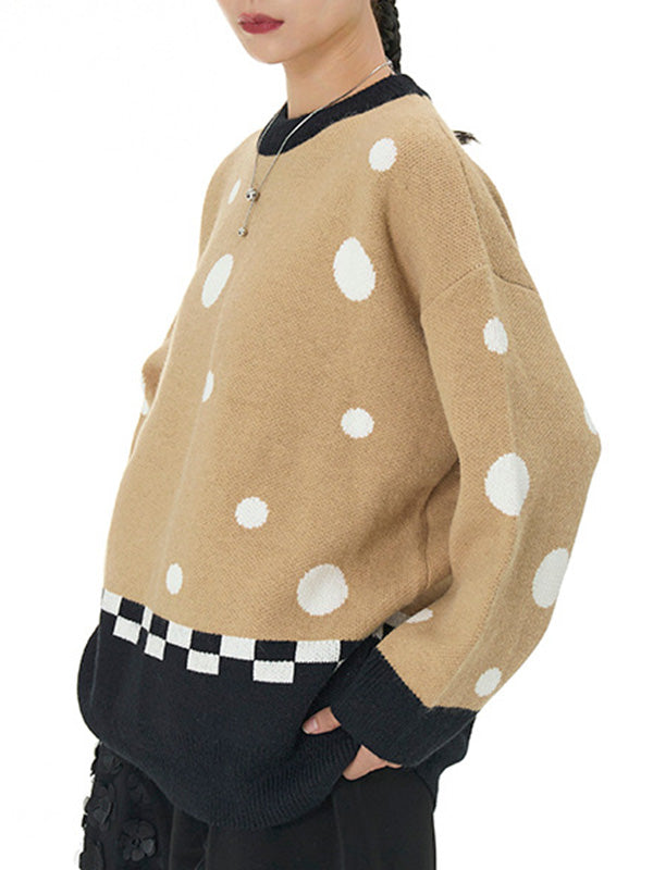 Contrast Color Polka-Dot Velvet Long Sleeves Loose Round-Neck Sweater Tops Pullovers