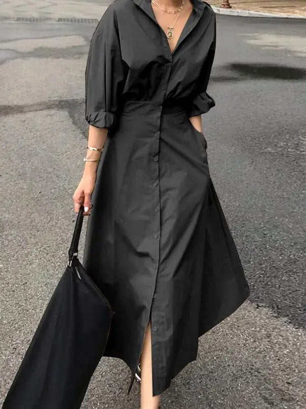 Pleated Solid Color Split-Joint Loose Puff Sleeves Lapel Shirt Dress Maxi Dresses