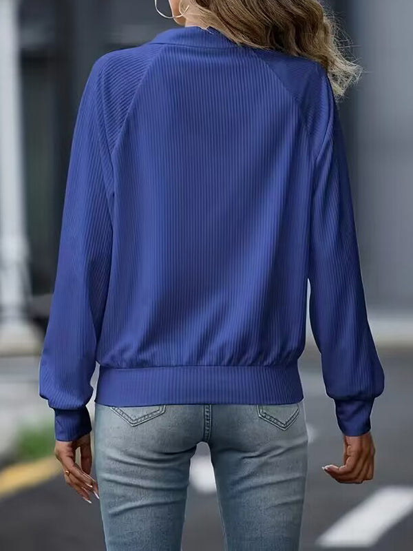 Solid Color Zipper Long Sleeves Loose Lapel Outerwear