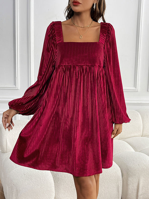 Pockets Solid Color Split-Joint Velvet A-Line High Waisted Square-Neck Mini Dresses