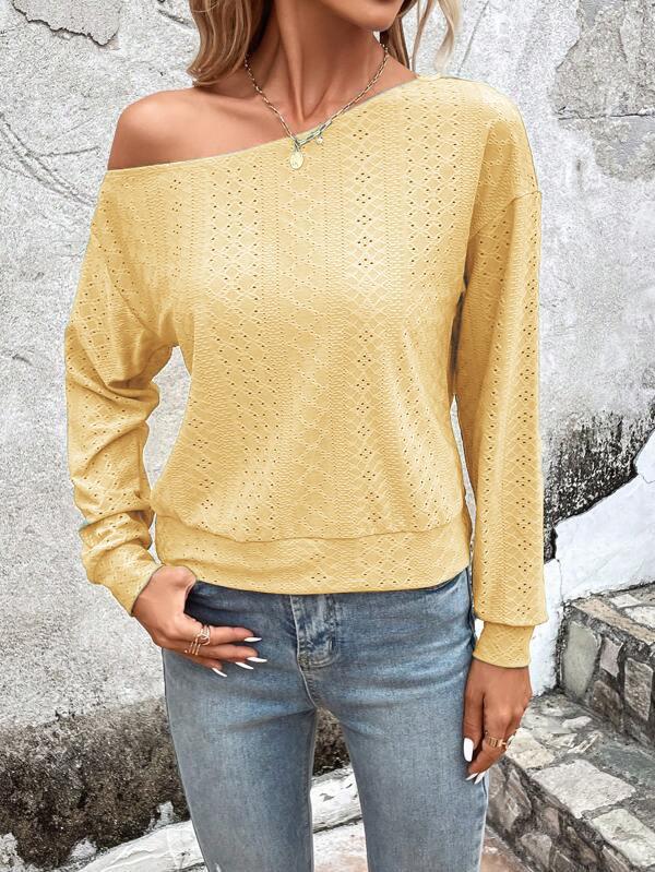 Asymmetric Solid Color Split-Joint Long Sleeves Loose One-Shoulder T-Shirts Tops