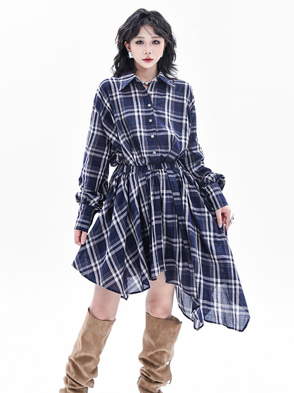Elasticity Plaid High-Low Irregularity Lapel Collar Midi Dresses