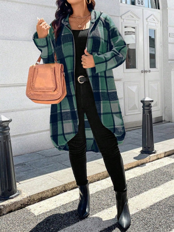 Plaid Zipper High-low Long Sleeves Hooded Outerwear