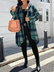 Plaid Zipper High-low Long Sleeves Hooded Outerwear
