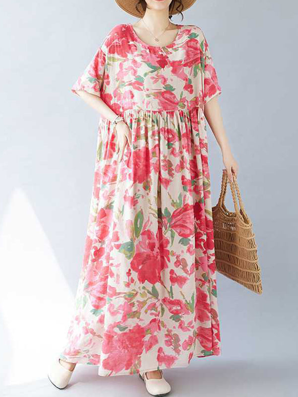 Flower Print Pleated Split-Joint A-line Batwing Sleeves Round-neck Midi Dresses