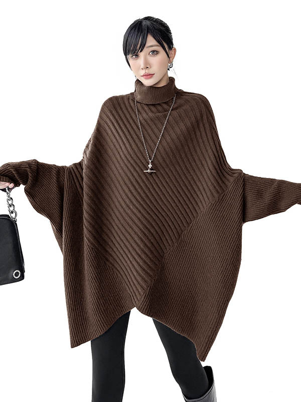 Asymmetric Ribbed Knit Solid Color Split-Joint Batwing Sleeves Irregularity High Neck Sweater Tops