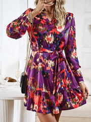 Printed Split-Joint Tied Waist Long Sleeves Loose V-Neck Mini Dresses