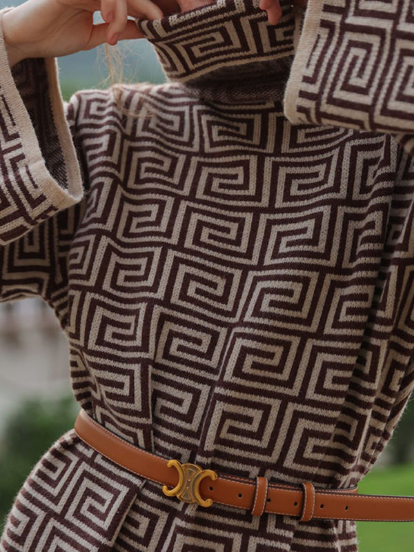 Jacquard Printed Flared Sleeves Long Sleeves High Neck Sweater Dresses Mini Dresses